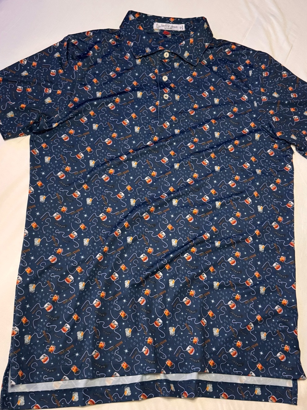 Henry Dean Navy Whiskey & Cigar Linger Longer Polo Shirt Size Large
